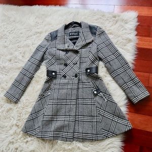 Guess Double-Breasted Plaid Skirted A-Line Coat